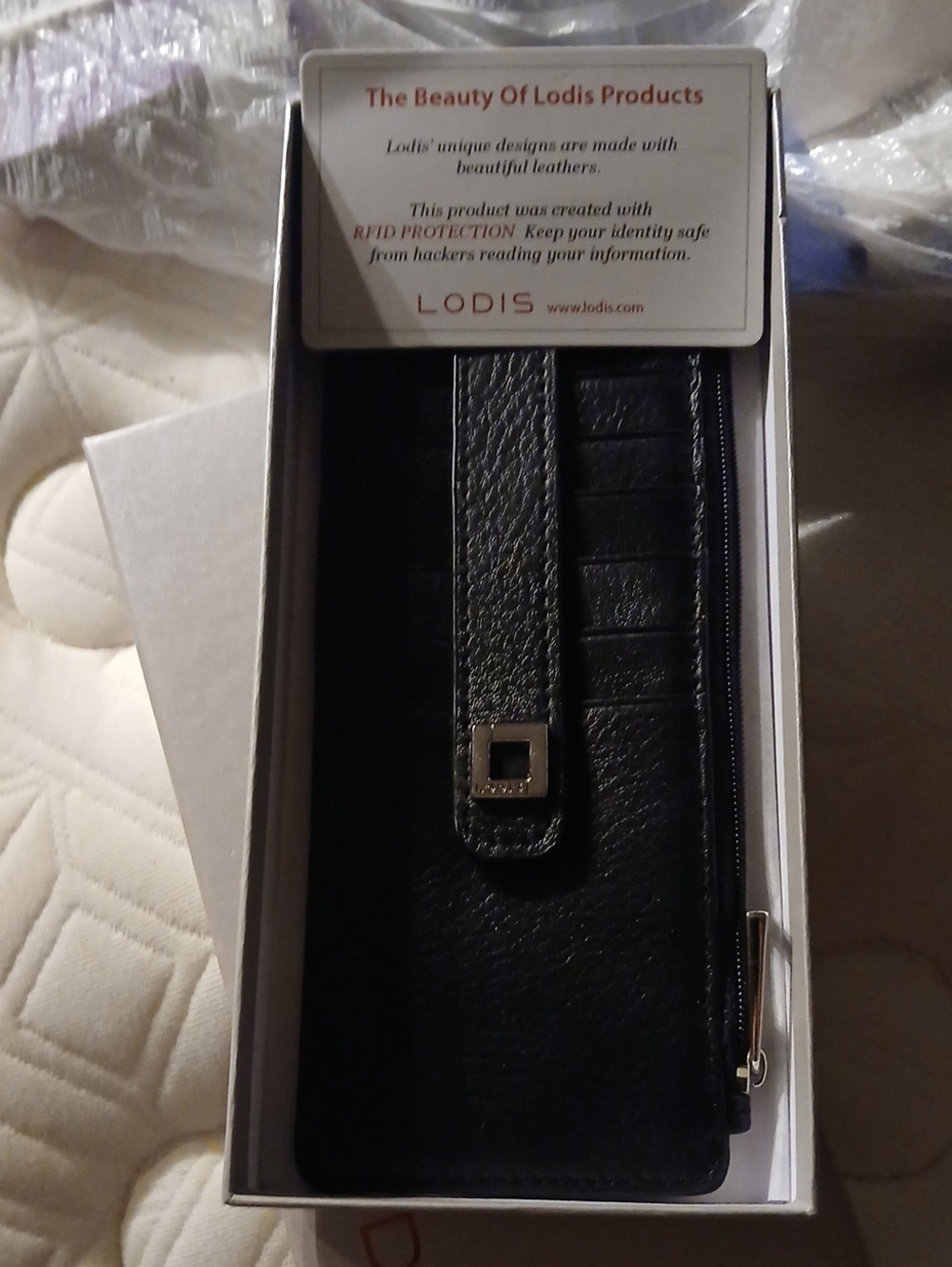 Lodis Black Leather RFID Zip Wallet with Card Strap In Box